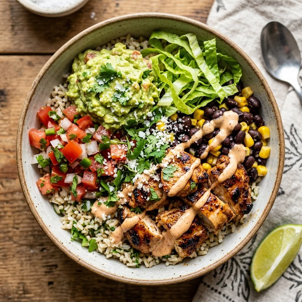 Delicious chicken burrito bowls topped with fresh veggies and spices