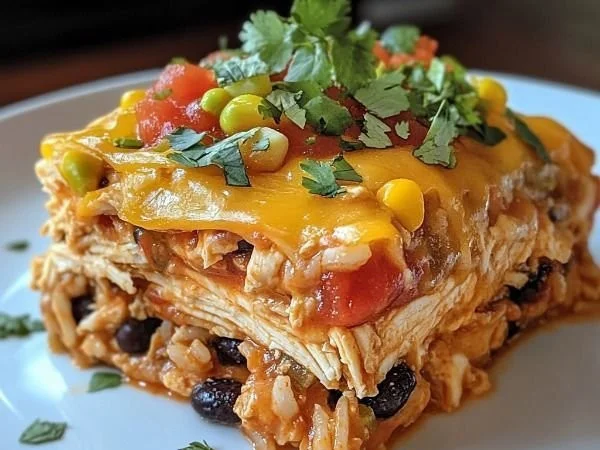Delicious Chicken Burrito Casserole topped with cheese and fresh ingredients