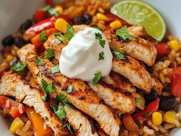 Delicious Chicken Fajita Rice Bowl garnished with fresh vegetables