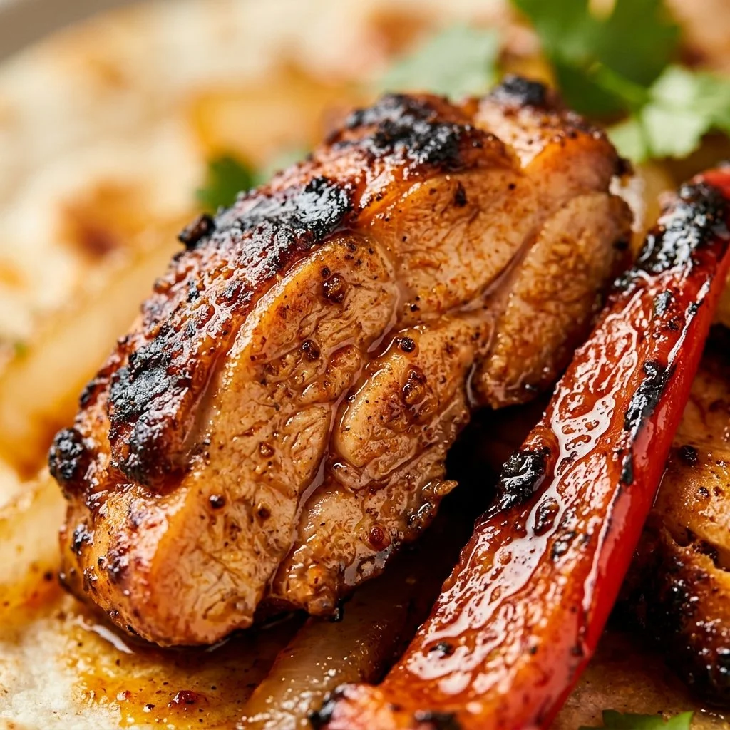 Colorful chicken fajitas served with peppers and onions on a plate.