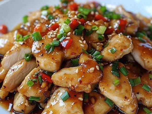 Delicious chicken in garlic sauce served on a plate