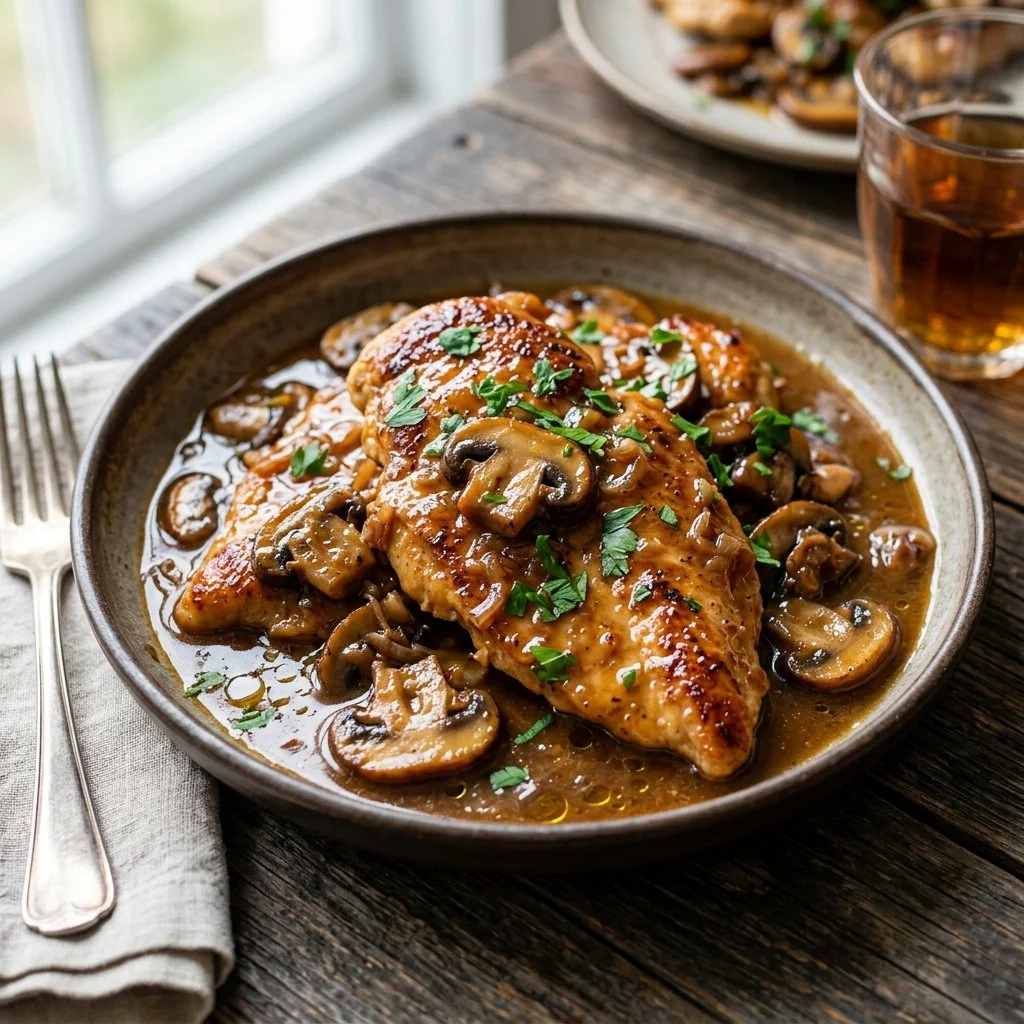 Delicious Chicken Marsala with mushrooms and wine sauce served on a plate