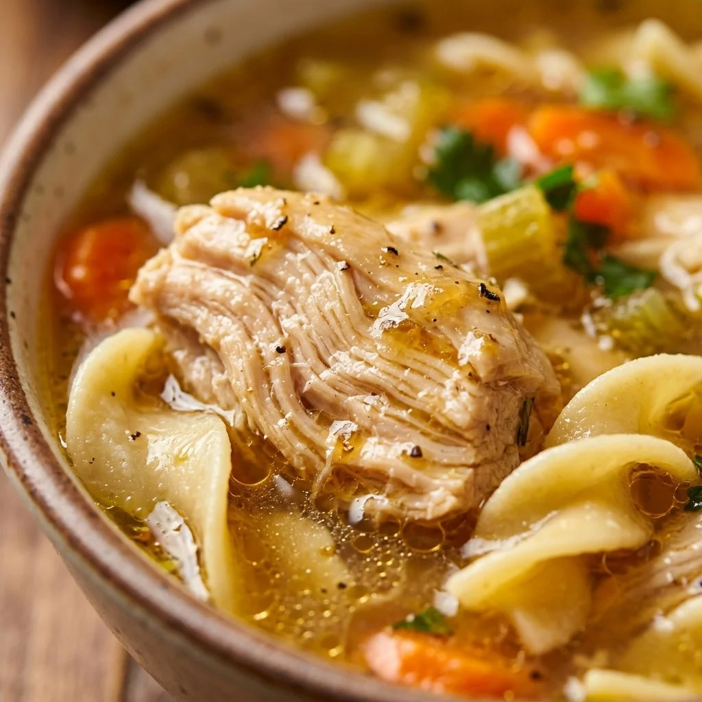 Delicious homemade Chicken Noodle Soup in a bowl with fresh herbs.