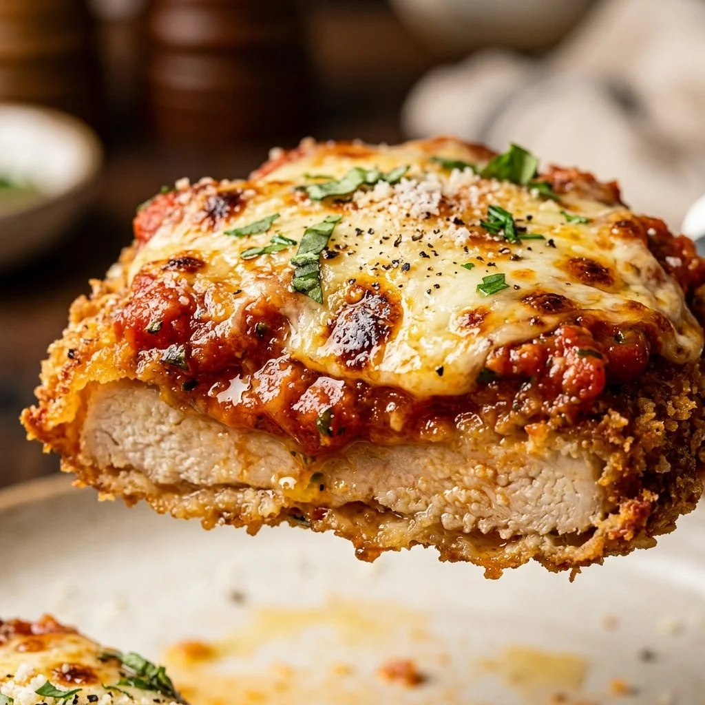 Delicious Chicken Parmesan topped with melted cheese and marinara sauce
