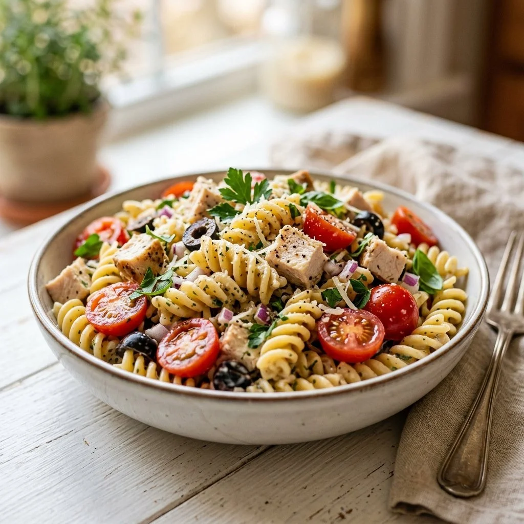 Delicious Chicken Pasta Salad with vibrant vegetables and dressing