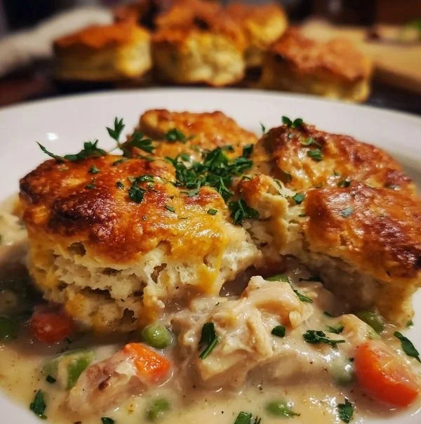 Delicious Chicken Pot Pie topped with cheddar sage biscuits.