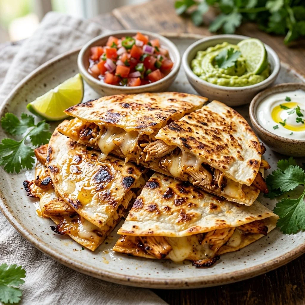 Plate of cheesy Chicken Quesadillas with grilled chicken and fresh vegetables