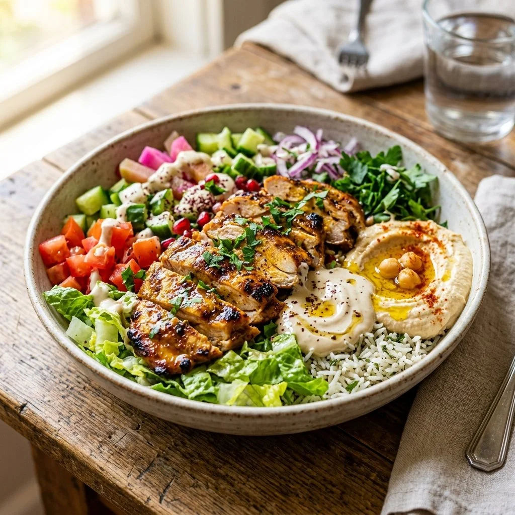 Delicious Chicken Shawarma Bowl with marinated chicken and fresh vegetables