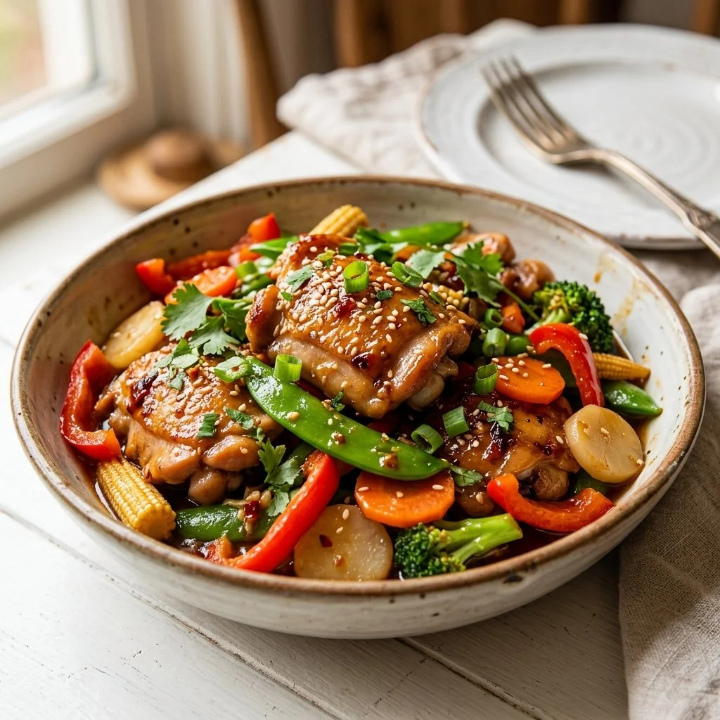 Delicious Chicken Stir Fry with vegetables in a colorful presentation.