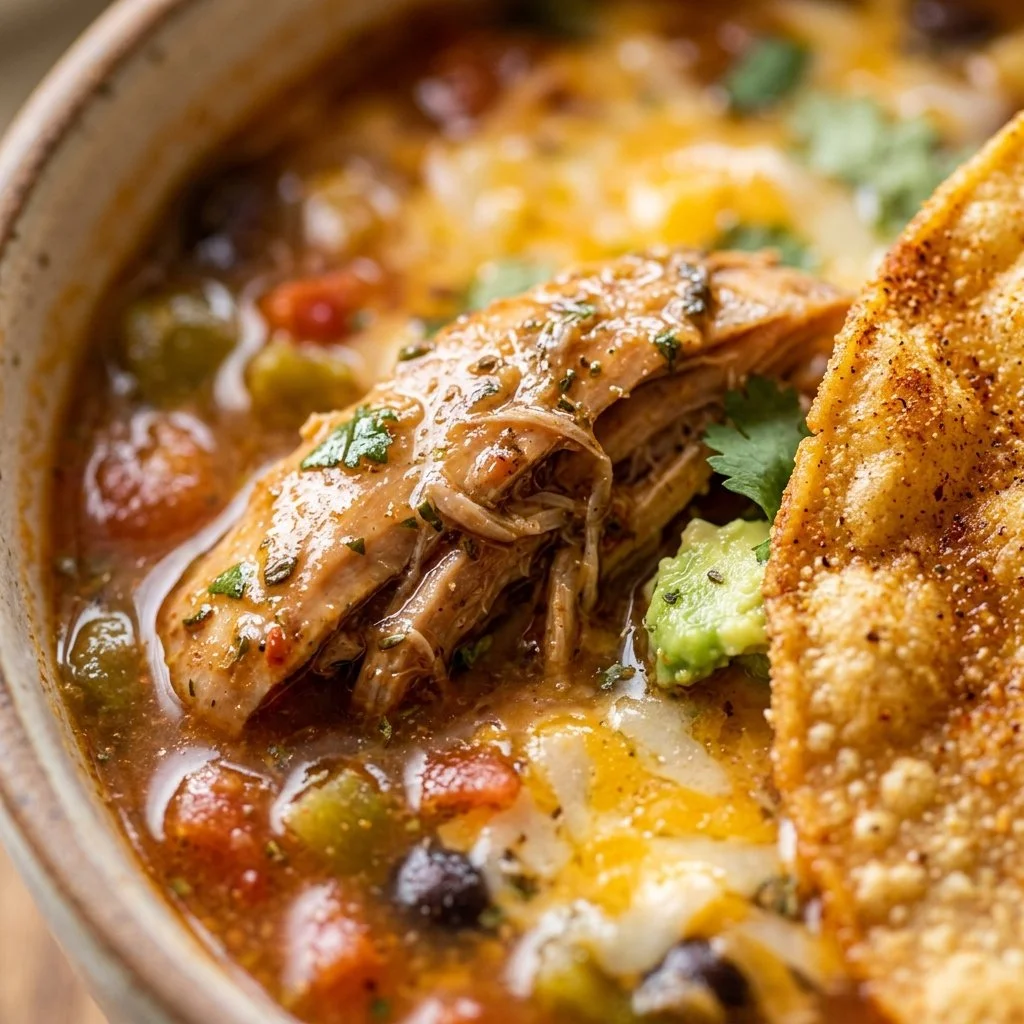 Bowl of Chicken Tortilla Soup topped with tortilla strips and avocado