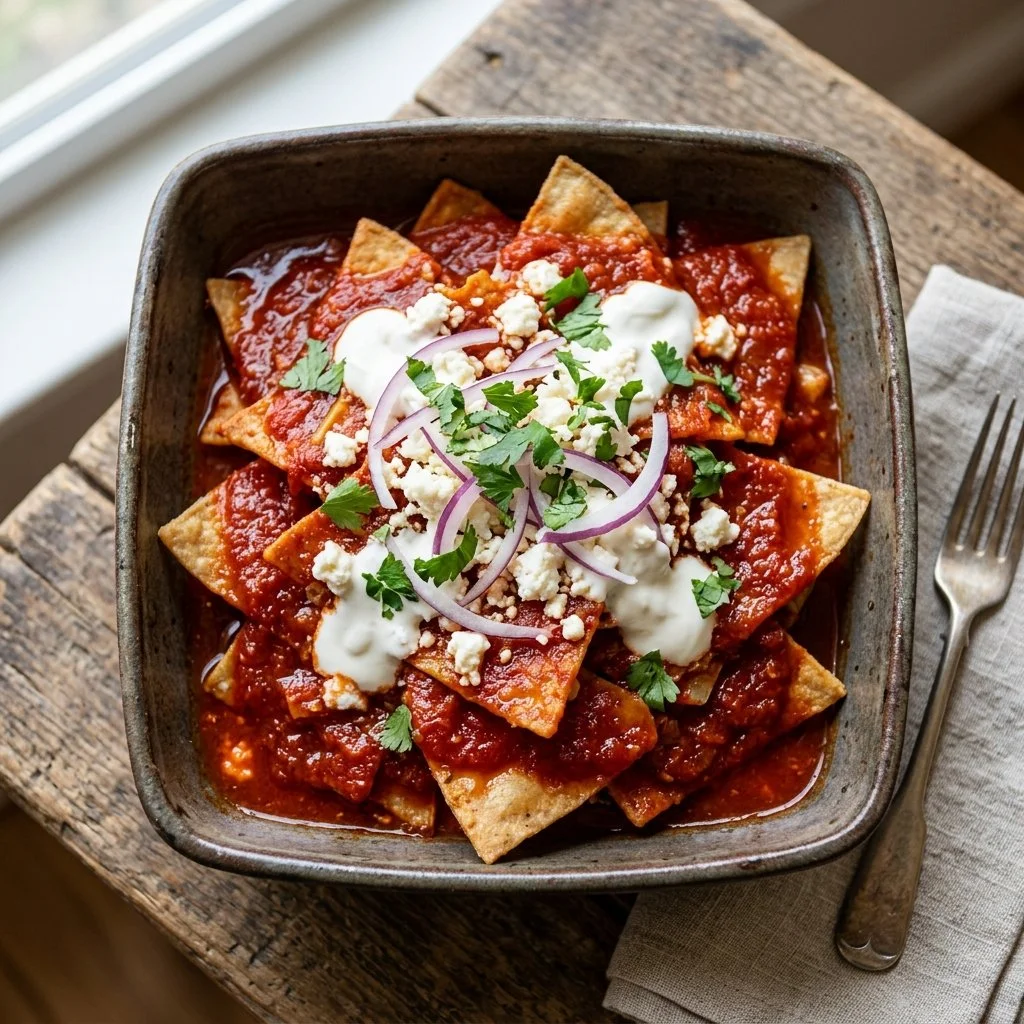 Delicious chilaquiles rojos served with toppings and vibrant red sauce.