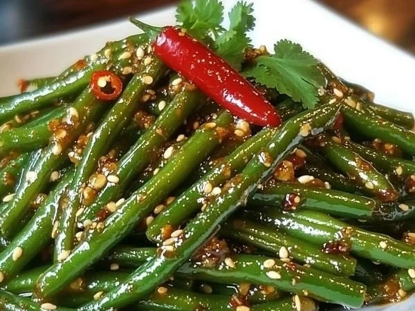 Delicious Chinese buffet-style green beans served in a vibrant dish.