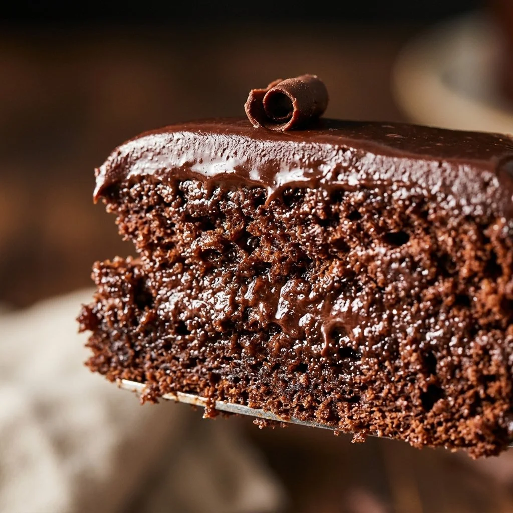Delicious homemade chocolate cake topped with rich chocolate frosting