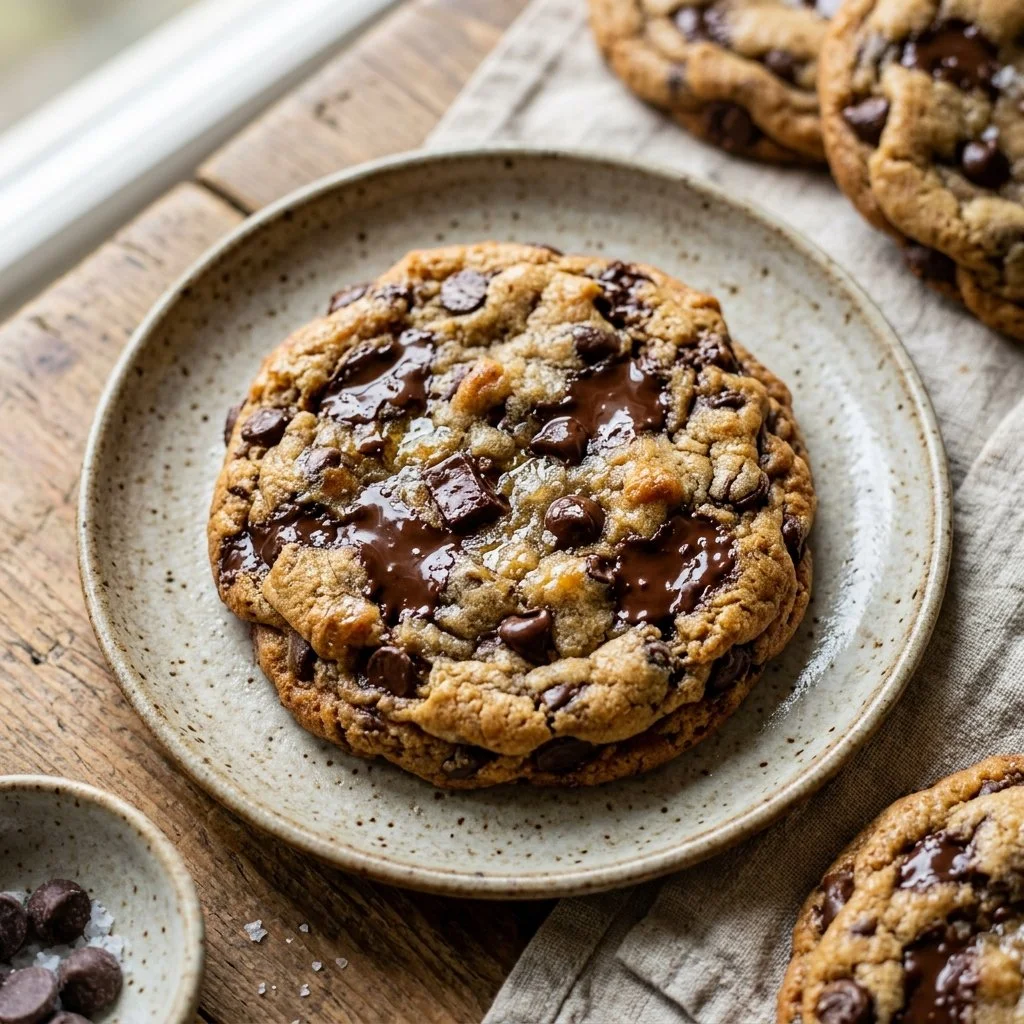Freshly baked chocolate chip cookies on a cooling rack