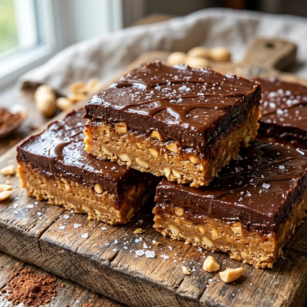 Delicious chocolate peanut butter bars served on a white plate
