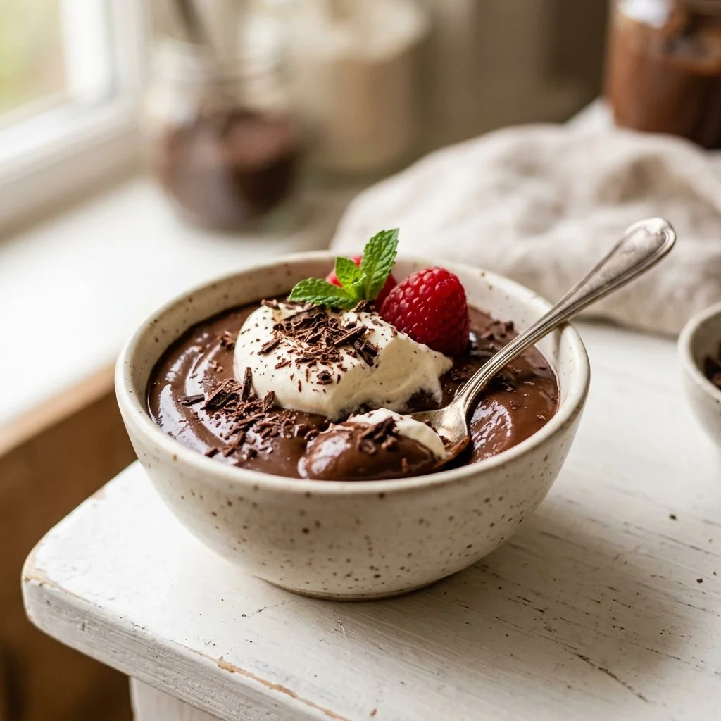 Delicious homemade chocolate pudding in a bowl with whipped cream on top.