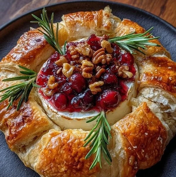 Festive Christmas Brie Wreath with cranberries and herbs served on a platter