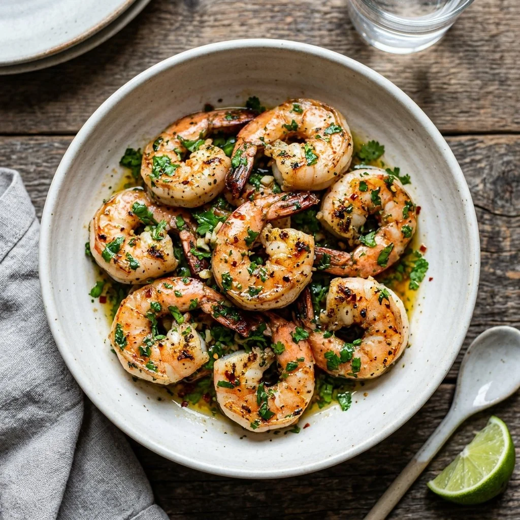 Plate of Cilantro Lime Shrimp garnished with fresh cilantro and lime wedges