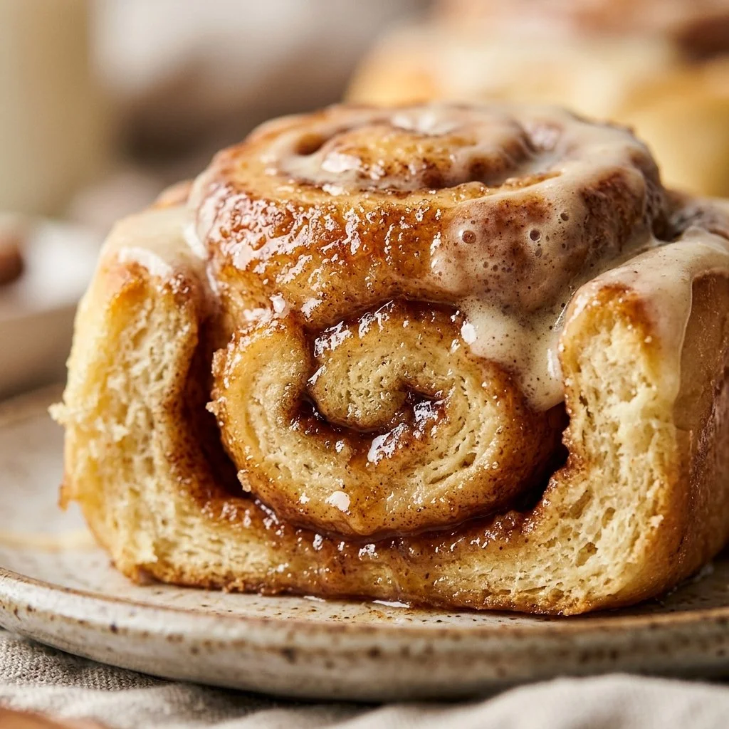 Freshly baked cinnamon rolls topped with cream cheese frosting on a wooden table