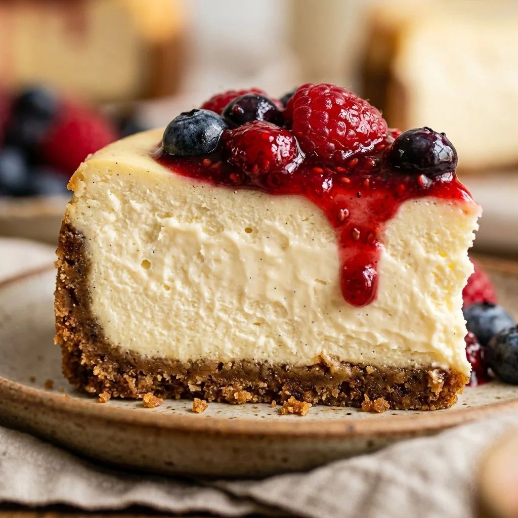 Slice of classic cheesecake topped with fresh berries on a white plate