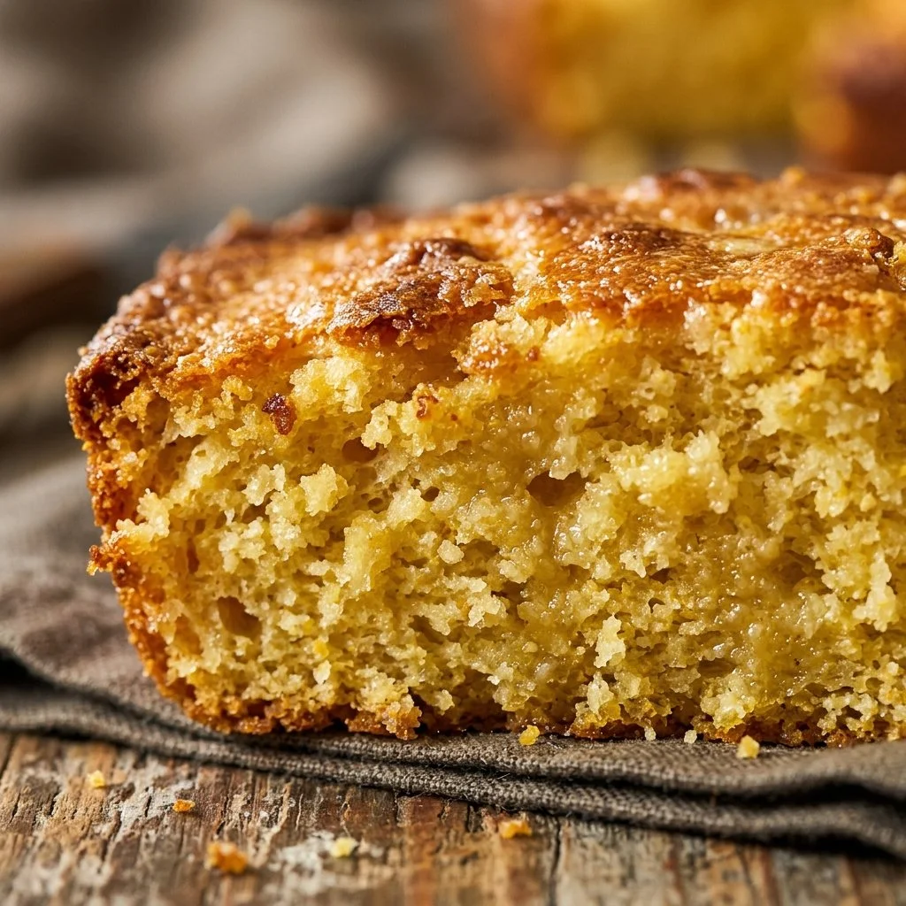 Delicious classic cornbread served warm with butter on a wooden table