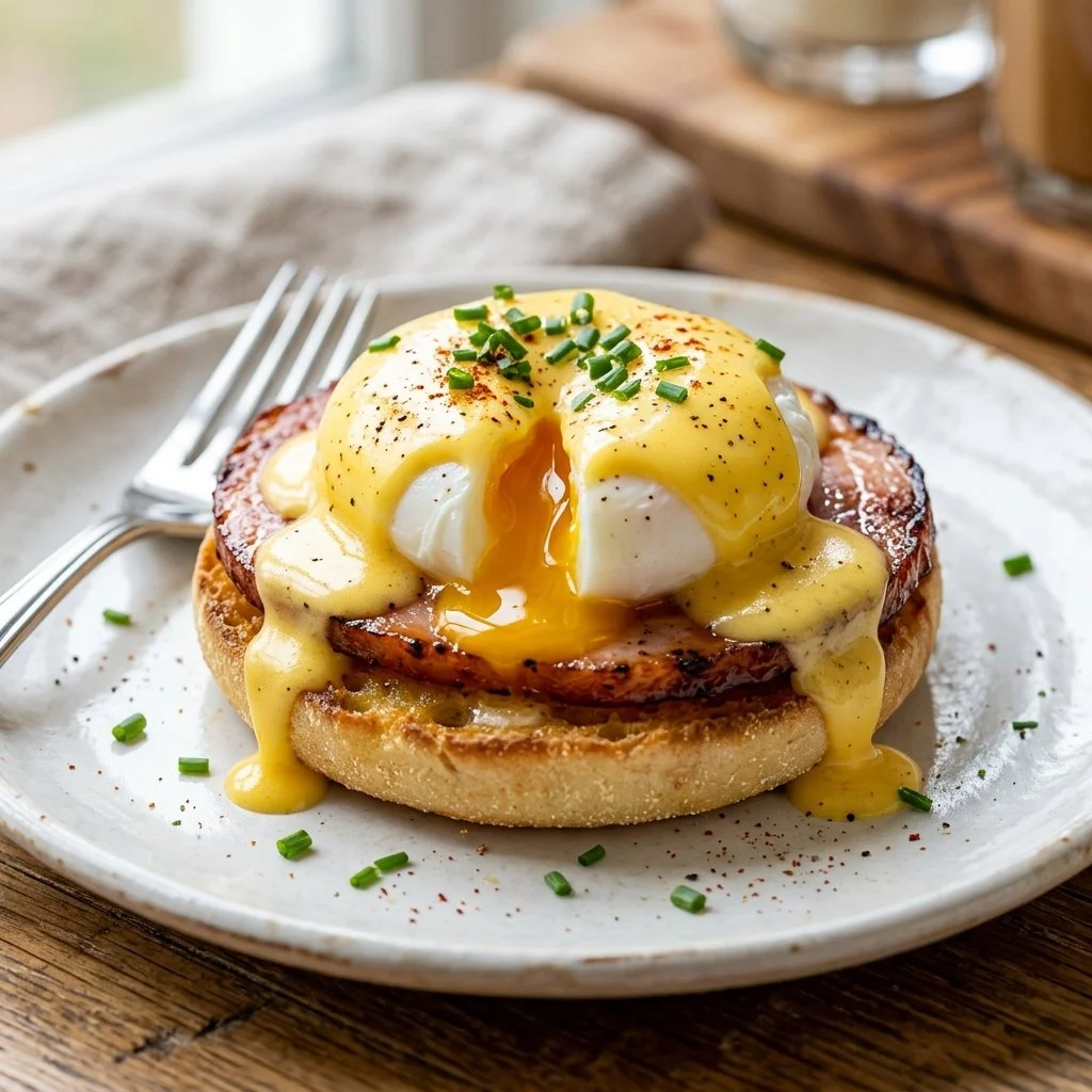 Plate of Classic Eggs Benedict topped with poached eggs and hollandaise sauce.