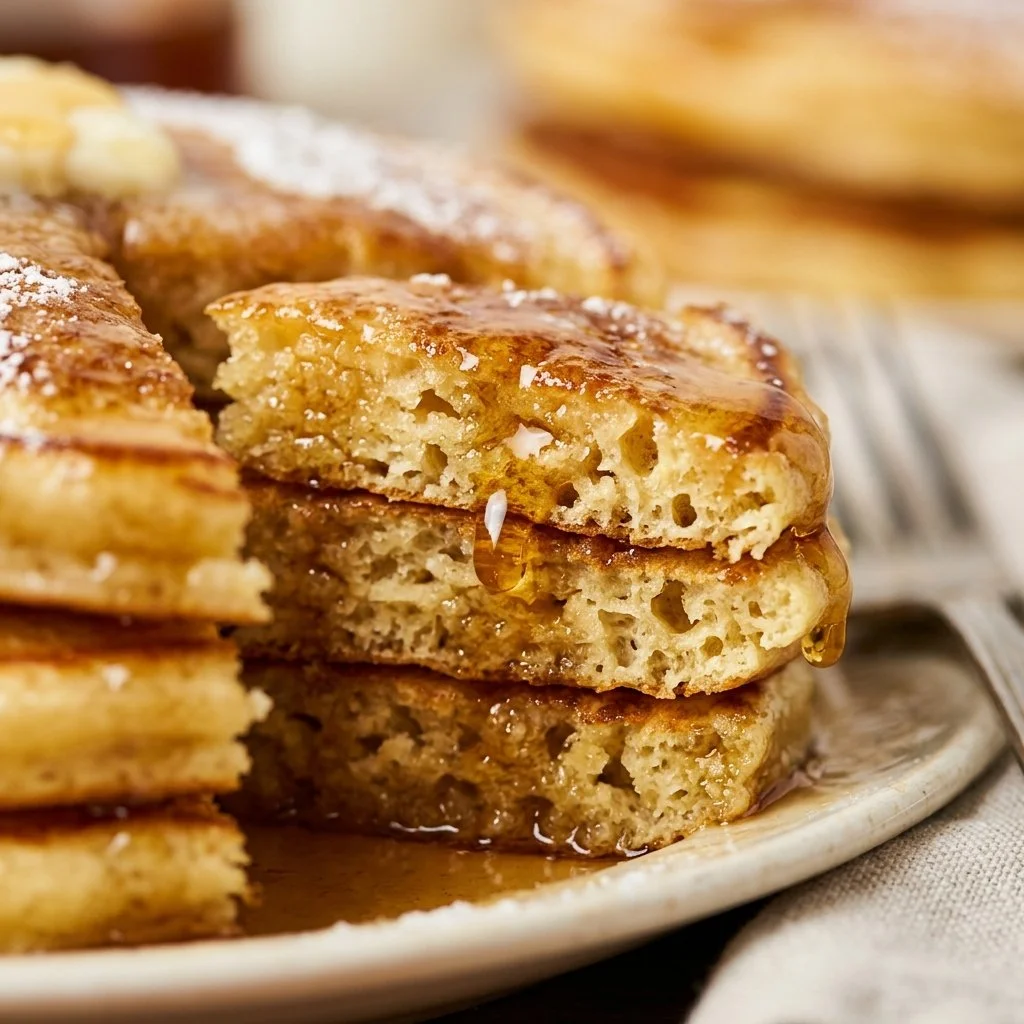 Stack of classic fluffy pancakes topped with syrup and berries