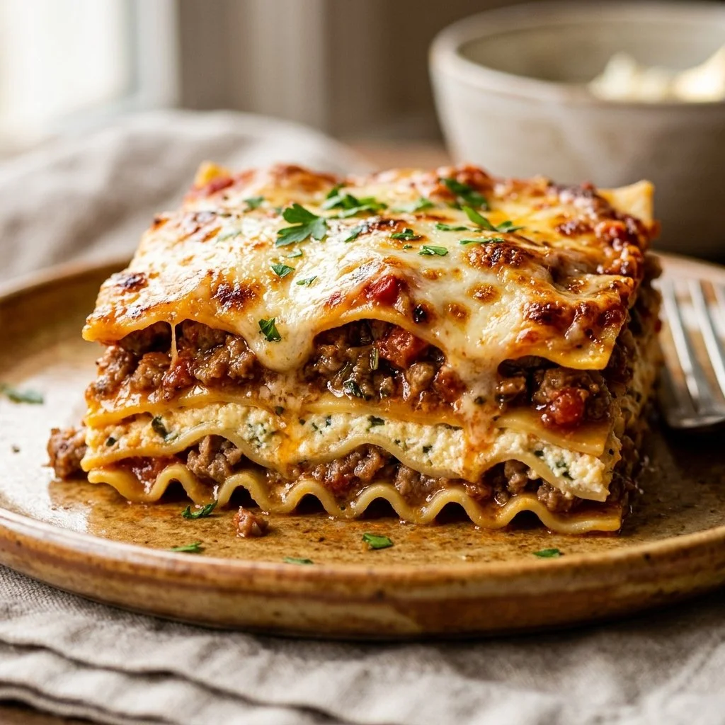 Delicious homemade Classic Lasagna with layers of meat, cheese, and sauce