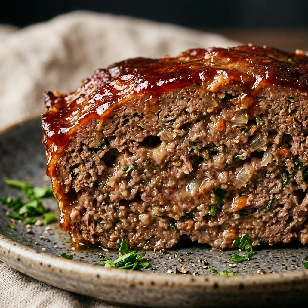Delicious classic meatloaf served with mashed potatoes and gravy.