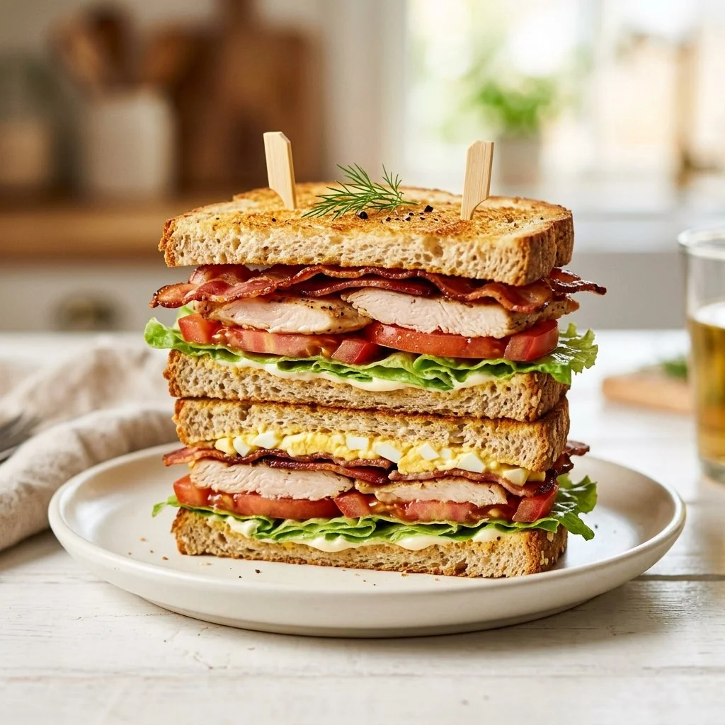 Delicious Club Sandwich layered with turkey, bacon, lettuce, and tomato