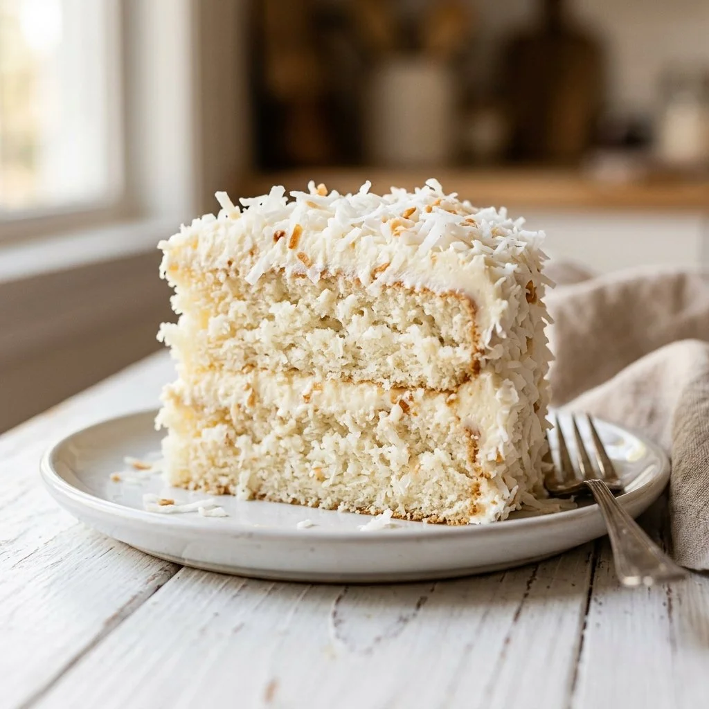 Delicious homemade coconut cake with coconut flakes and frosting