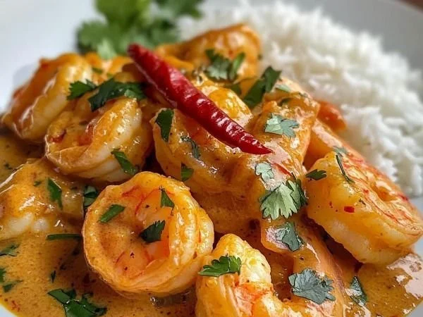 Delicious coconut curry shrimp served with rice and garnished with herbs