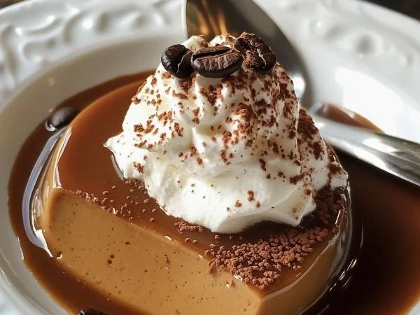 Delicious coffee pudding dessert served in a glass bowl.