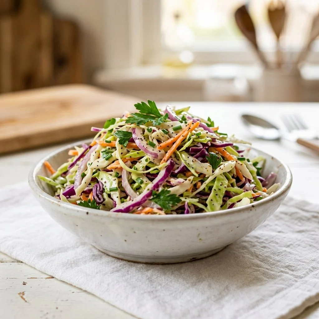 Bowl of fresh coleslaw with shredded cabbage and carrots