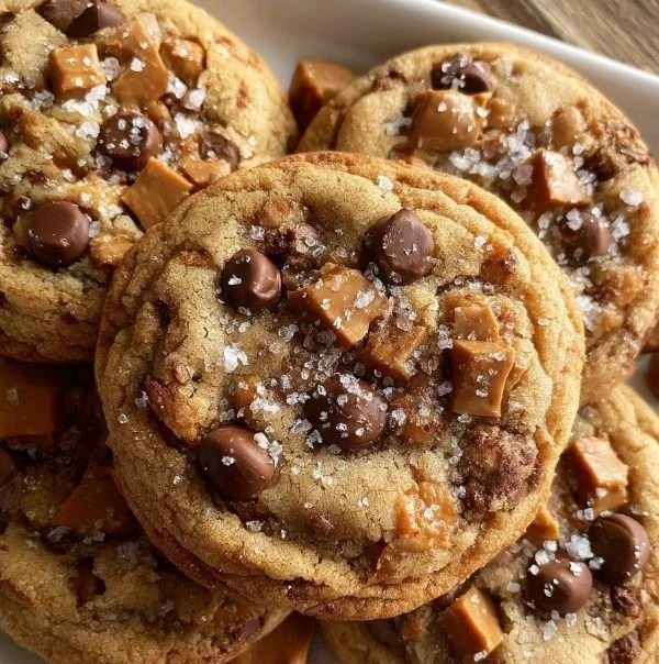 Delicious brown butter toffee cookies on a rustic wooden plate