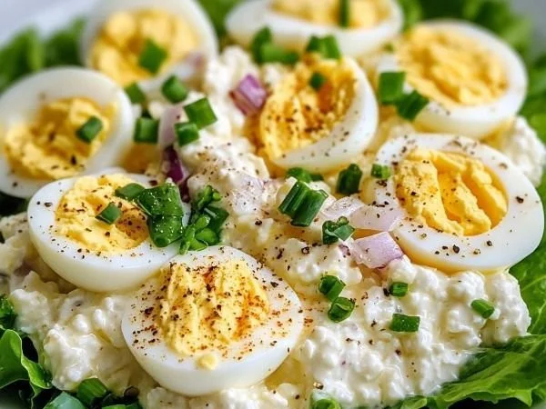 Cottage cheese egg salad served in a bowl with fresh herbs and spices.