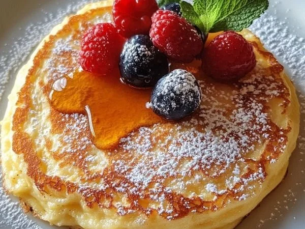 Fluffy cottage cheese oven pancakes served with fresh fruit and syrup
