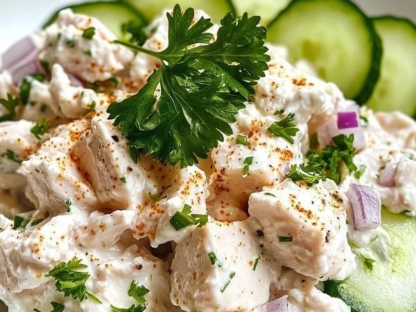 A bowl of Cottage Cheese Tuna Salad with fresh ingredients and herbs