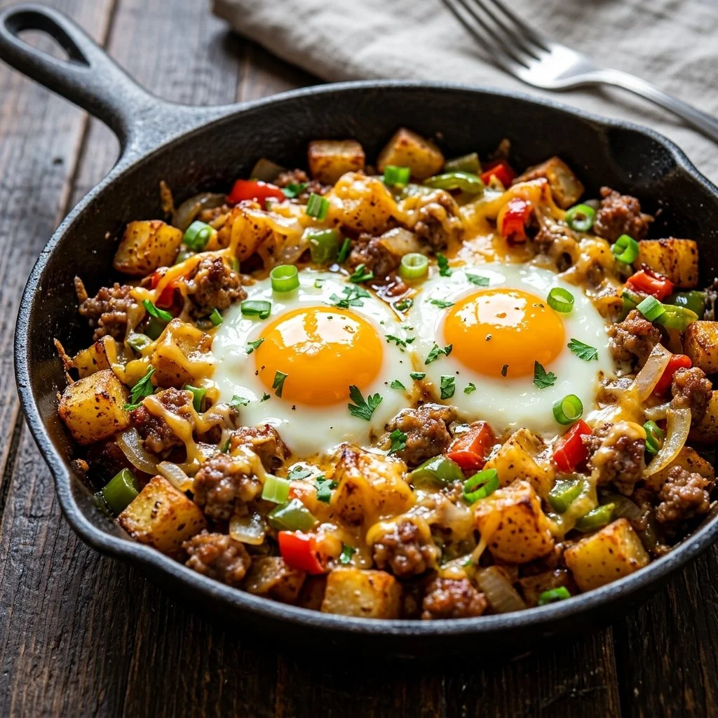 Delicious country breakfast skillet with eggs, bacon, and fresh vegetables.