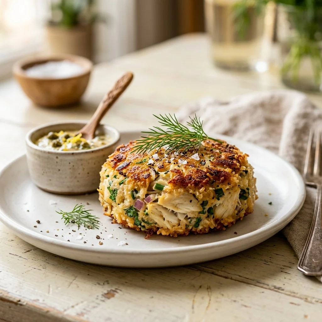 Delicious homemade crab cakes on a plate with dipping sauce.