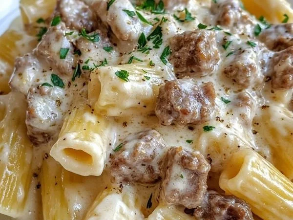 Creamy Alfredo Rigatoni topped with flavorful beef sausage dish