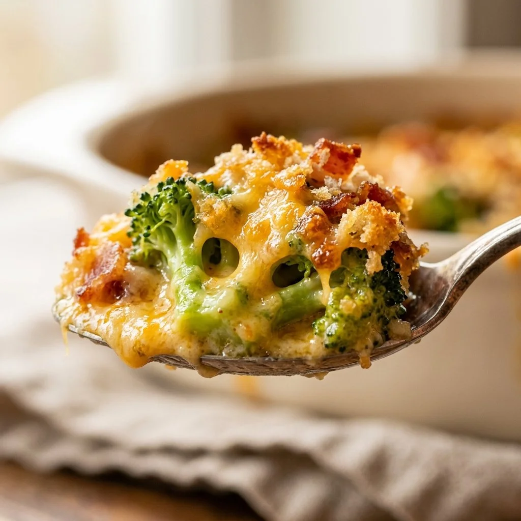 Creamy broccoli cheese bake fresh out of the oven, topped with golden cheese