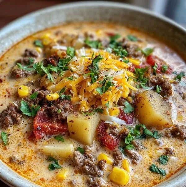 Bowl of creamy cowboy soup with vegetables and toppings