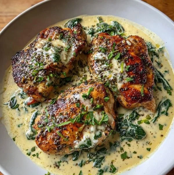 Creamy herb chicken dish garnished with fresh herbs on a plate