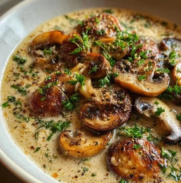 Bowl of creamy mushroom soup garnished with fresh herbs
