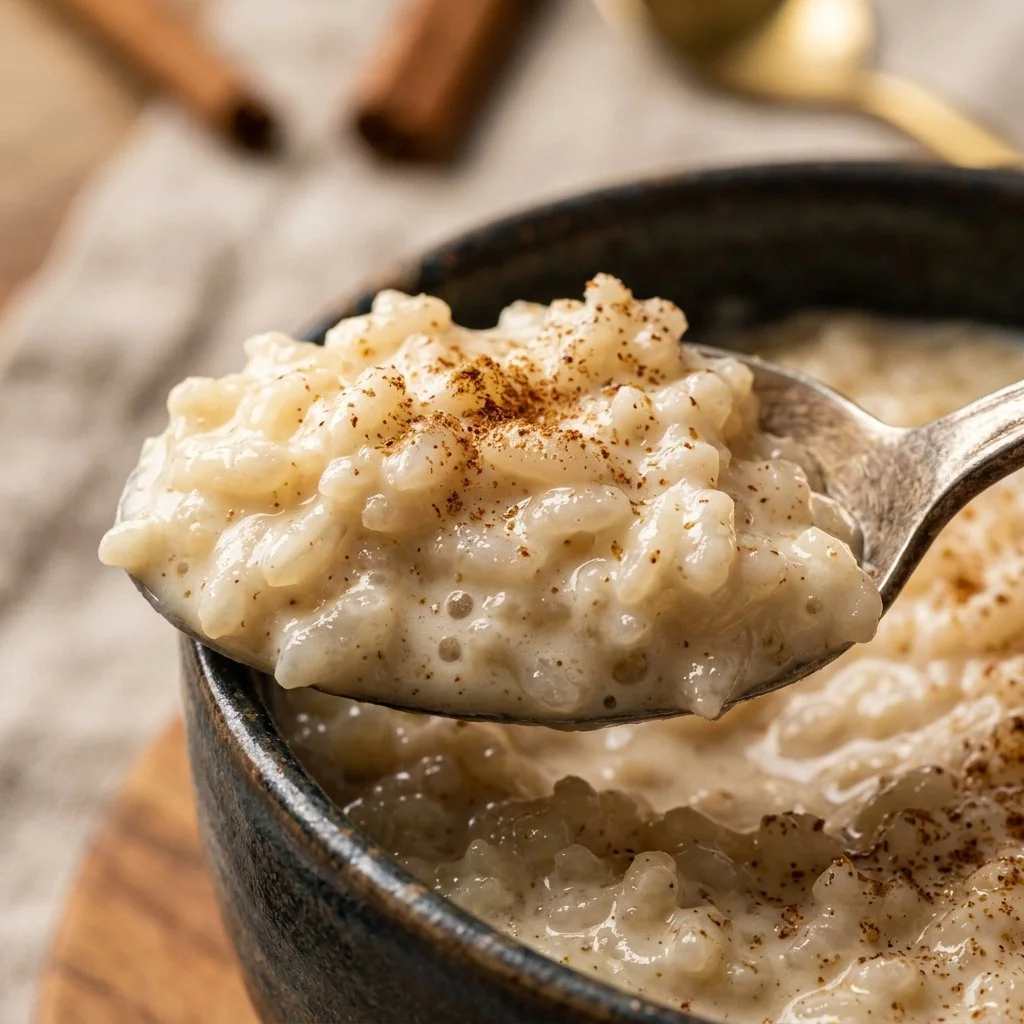 Delicious creamy rice pudding served in a bowl, topped with cinnamon and raisins.