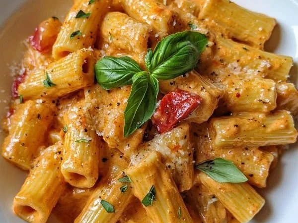 Creamy roasted red pepper pasta served in a bowl with fresh herbs.