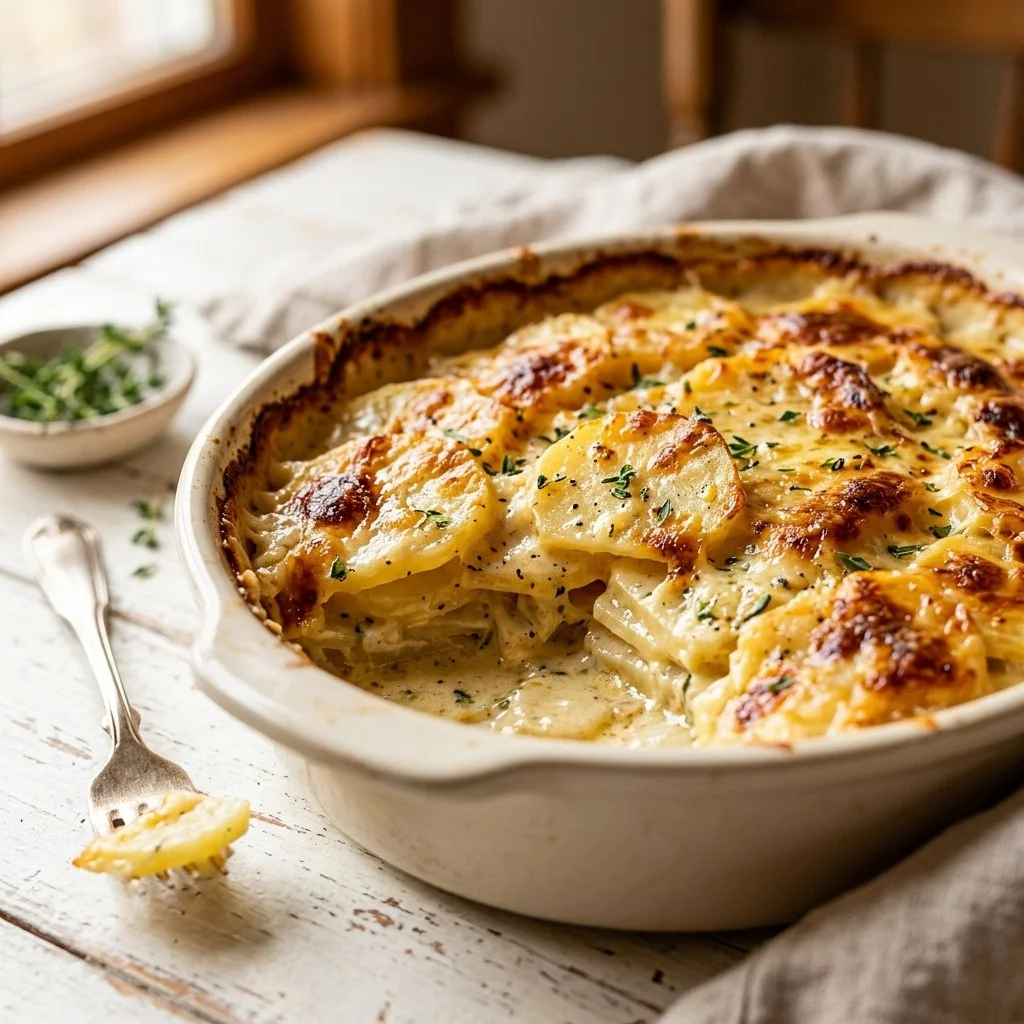 Delicious creamy scalloped potatoes served in a baking dish