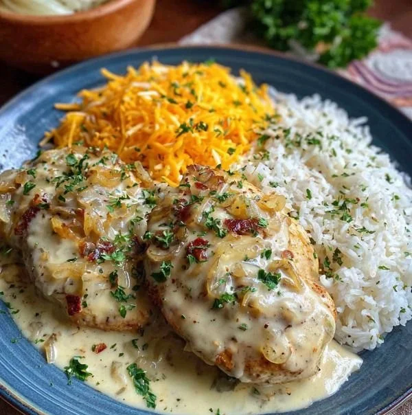 Delicious creamy smothered chicken served over fluffy rice