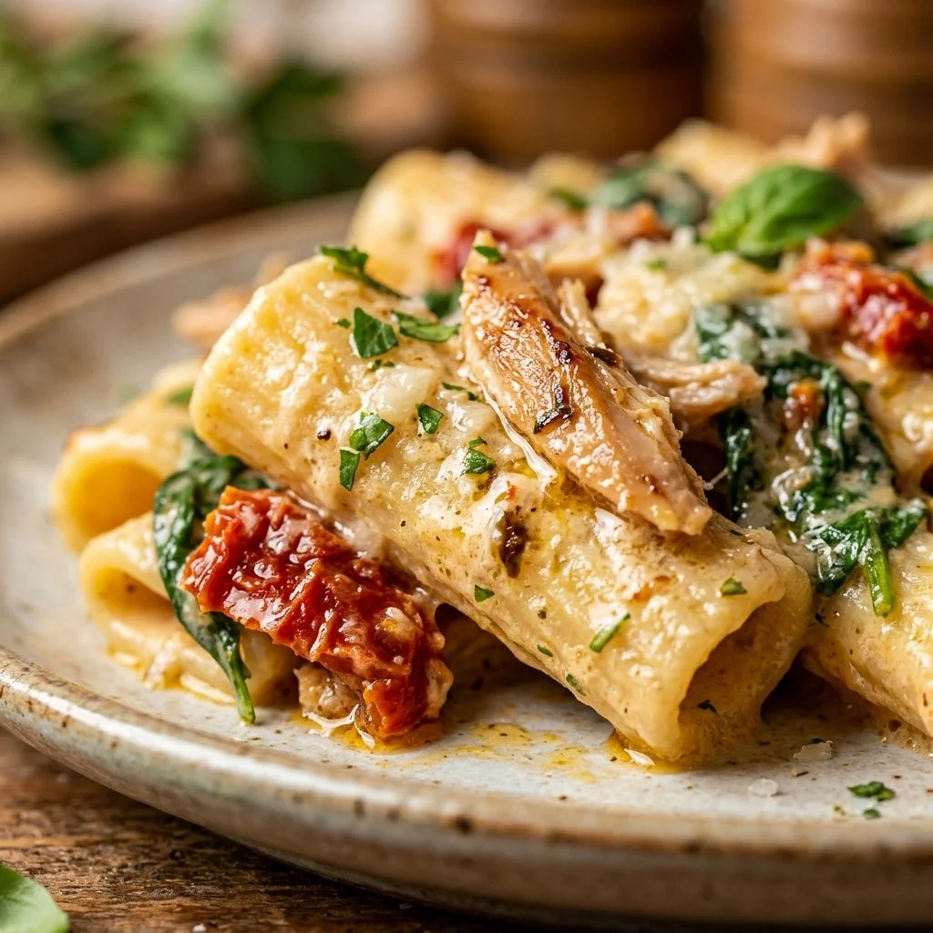 Plate of creamy Tuscan chicken pasta topped with herbs and parmesan